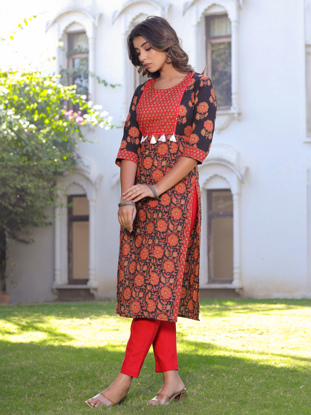 Black Printed Straight Cotton Kurta With Pants