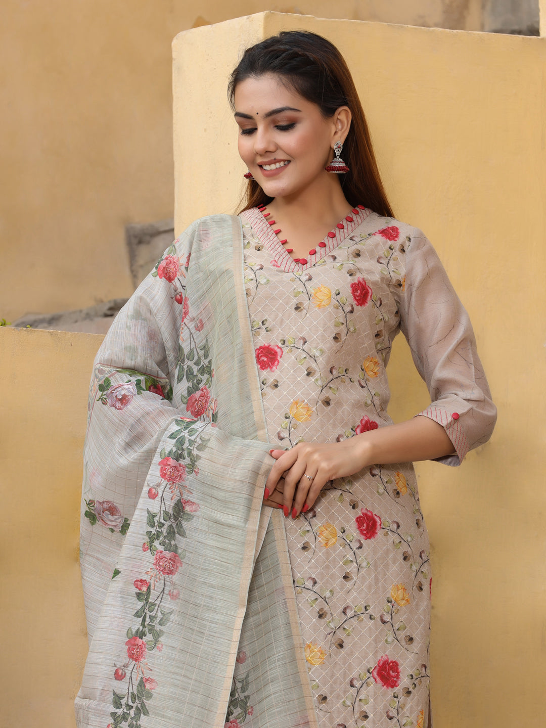 Beige Floral Print Chanderi Silk Kurta With Pants And Dupatta