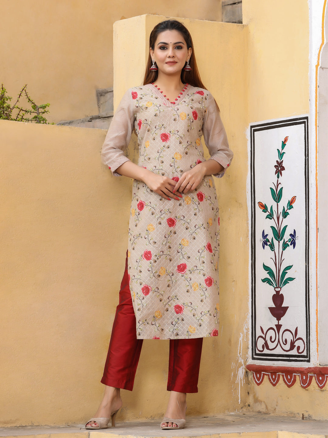 Beige Floral Print Chanderi Silk Kurta With Pants And Dupatta