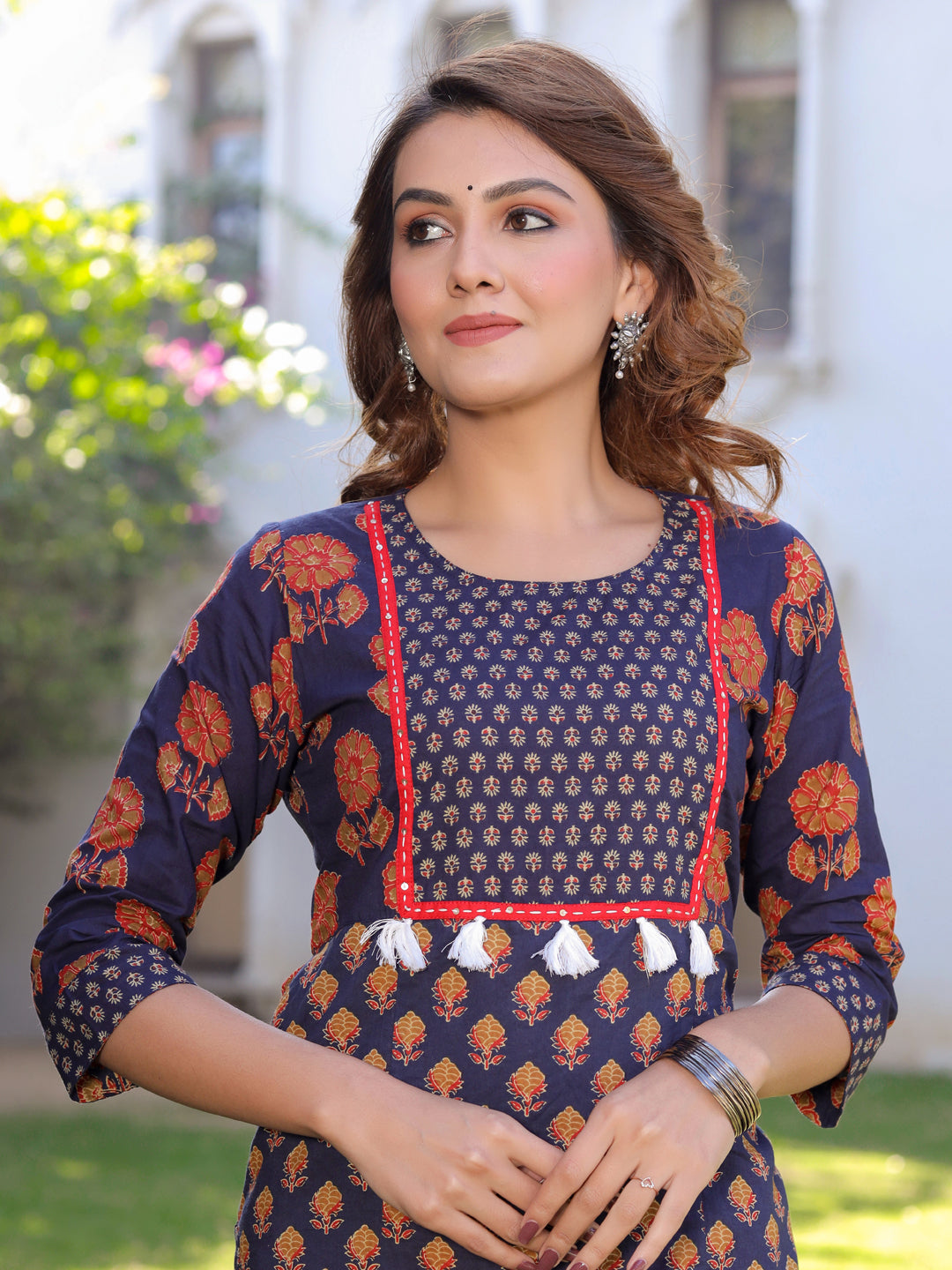 Navy Blue Printed Straight Cotton Kurta With Pant Set