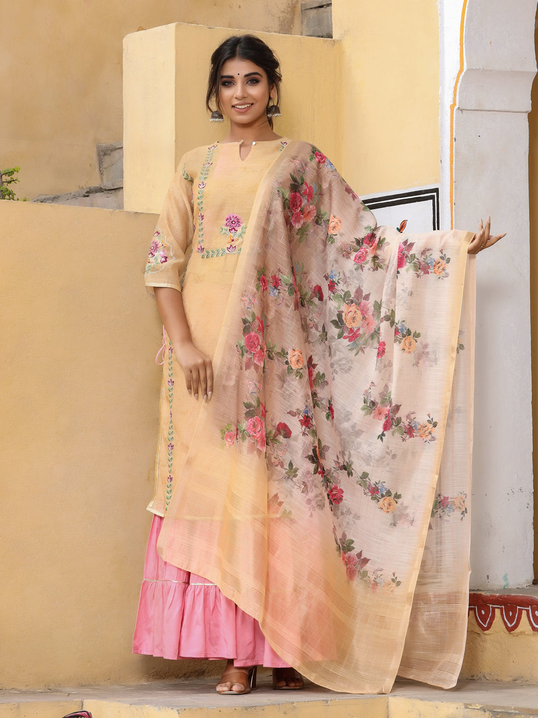 Embroidered Yellow Chanderi Kurta With Sharara And Printed Dupatta
