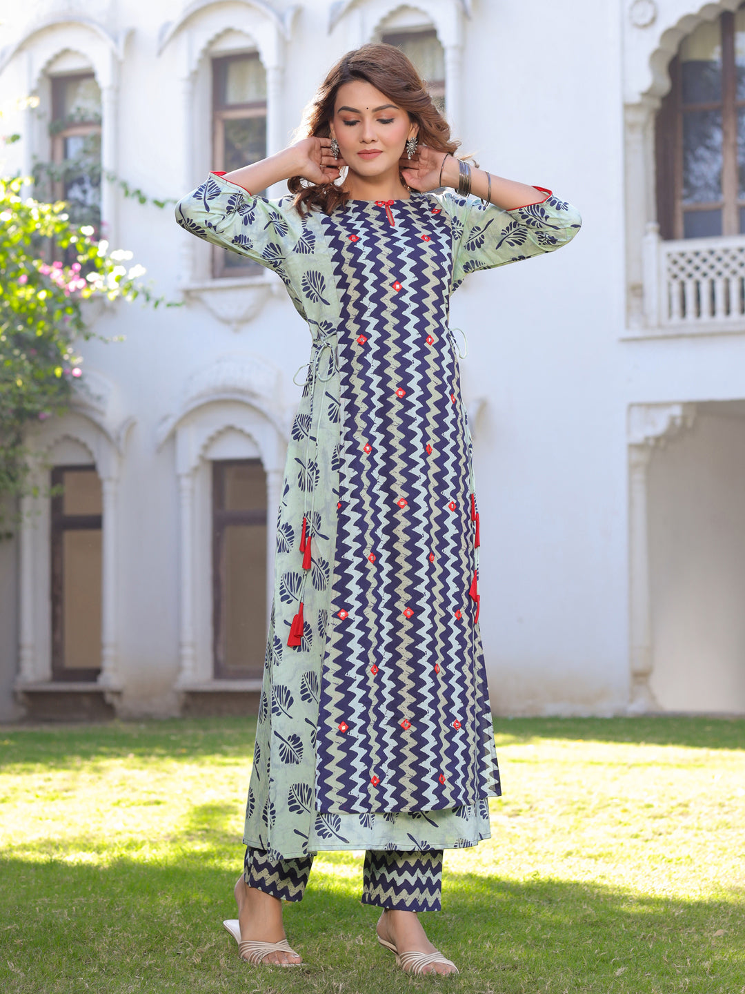 Navy Blue Zig-Zag Print Embroidered & Double Layered Long Cotton Kurta With Palazzo