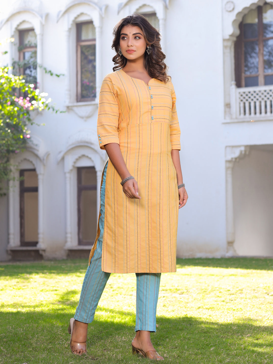 Yellow Striped Straight Cotton Blend Kurta With Pants