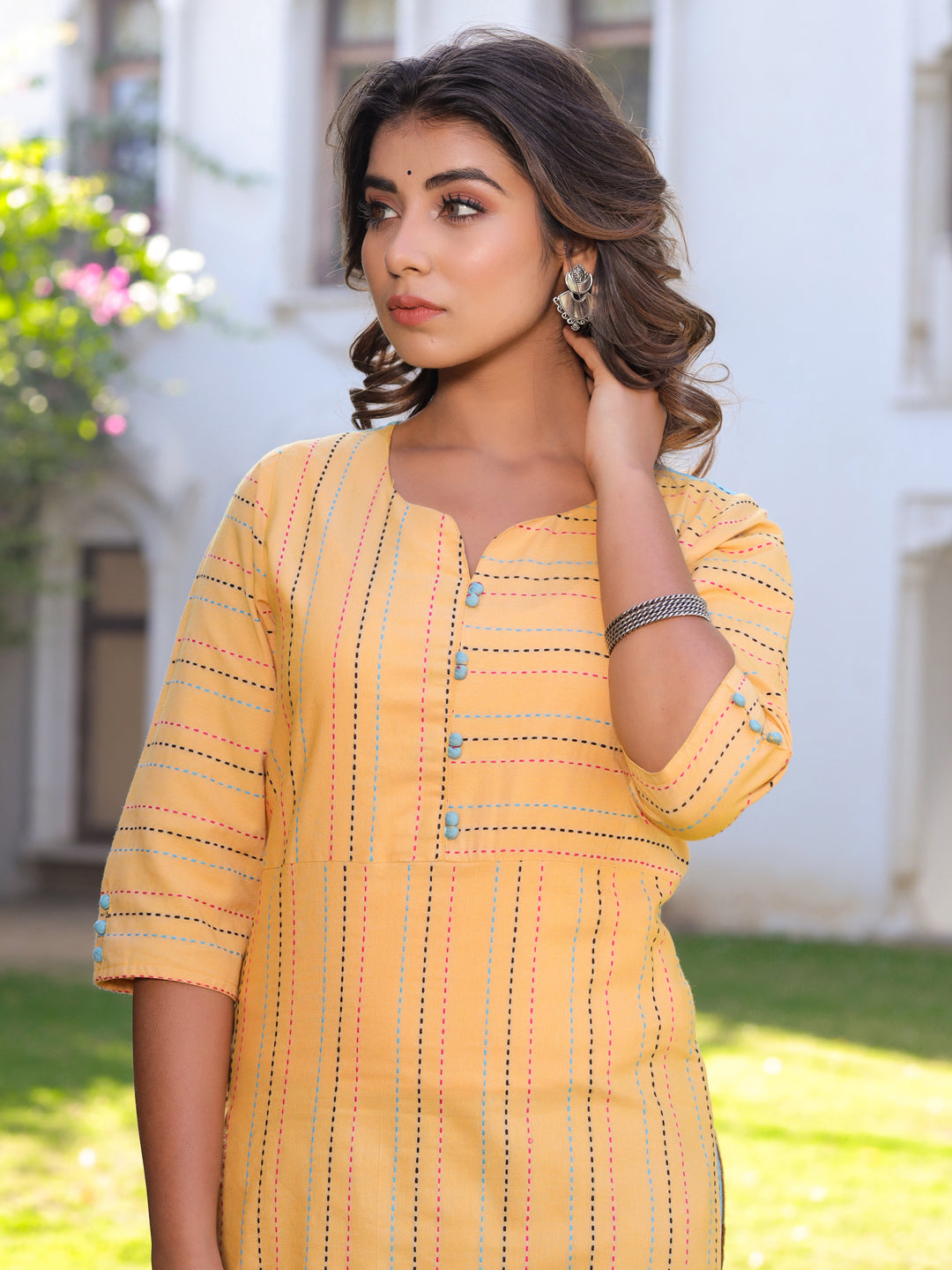 Yellow Striped Straight Cotton Blend Kurta With Pants