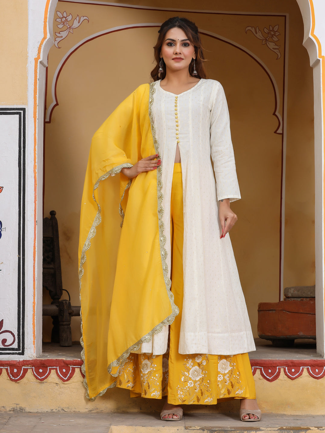 Amaiva Cotton Lurex Dobby Kurta With Embroidered Palazzo And Organza Scallop Laced Dupatta Set
