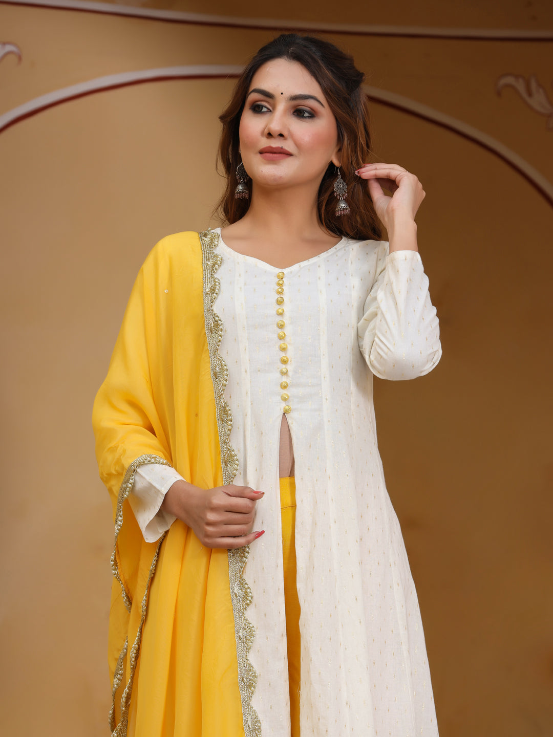 Amaiva Cotton Lurex Dobby Kurta With Embroidered Palazzo And Organza Scallop Laced Dupatta Set