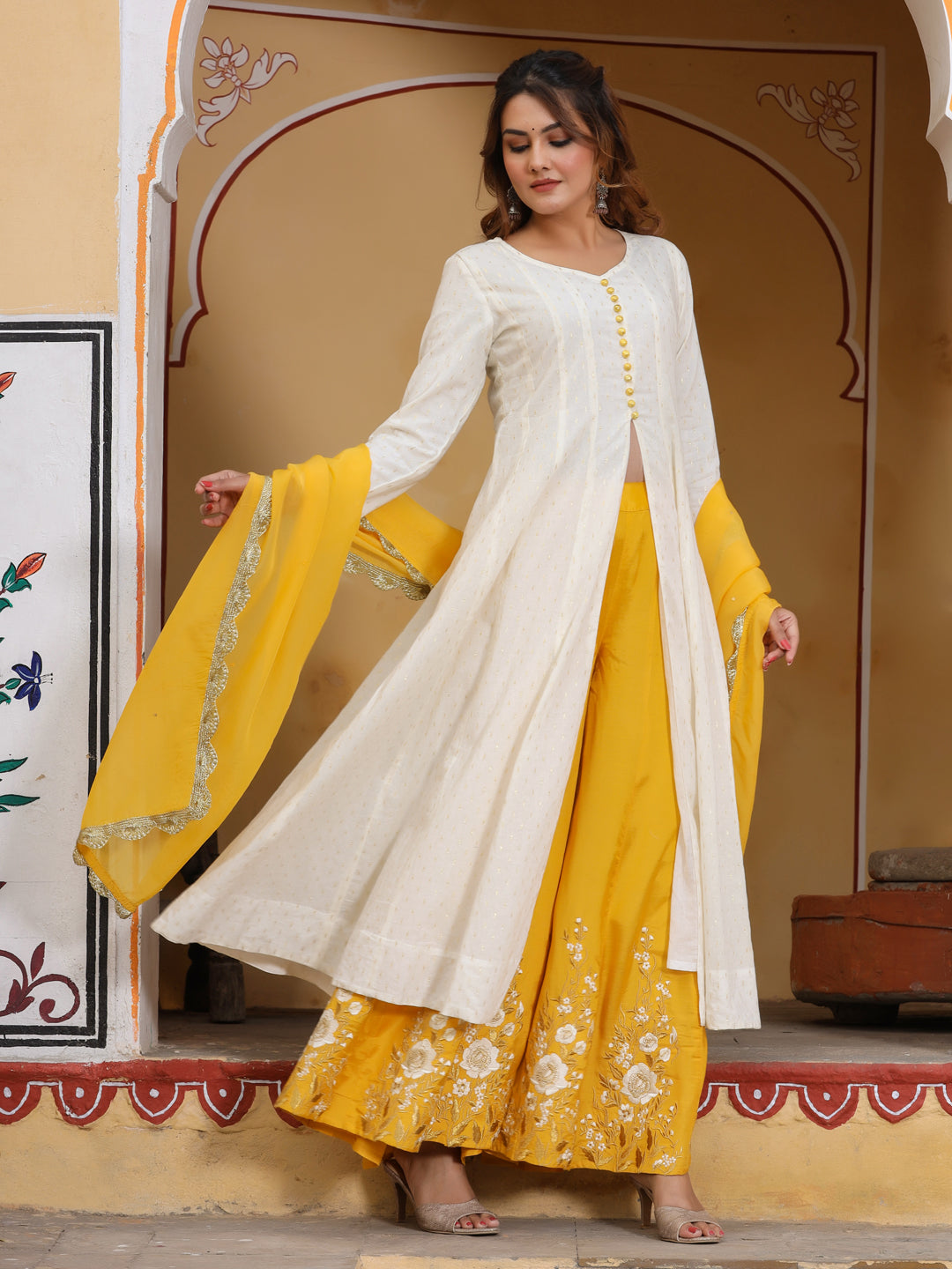Kurta With Embroidered Palazzo And Dupatta Set