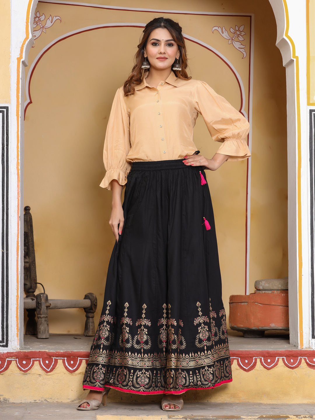 Black & Gold Printed Maxi Flared Skirt