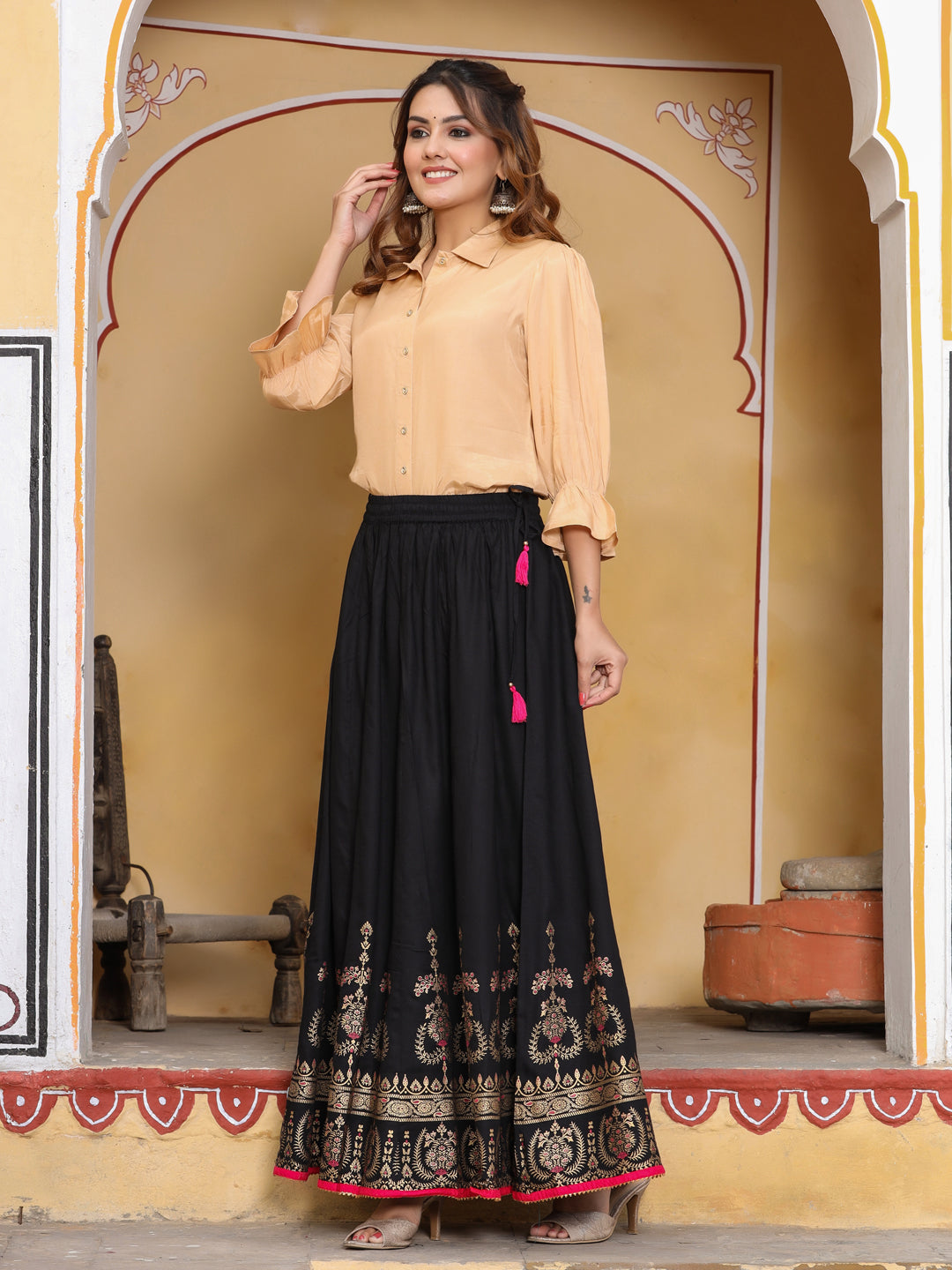 Black & Gold Printed Maxi Flared Skirt