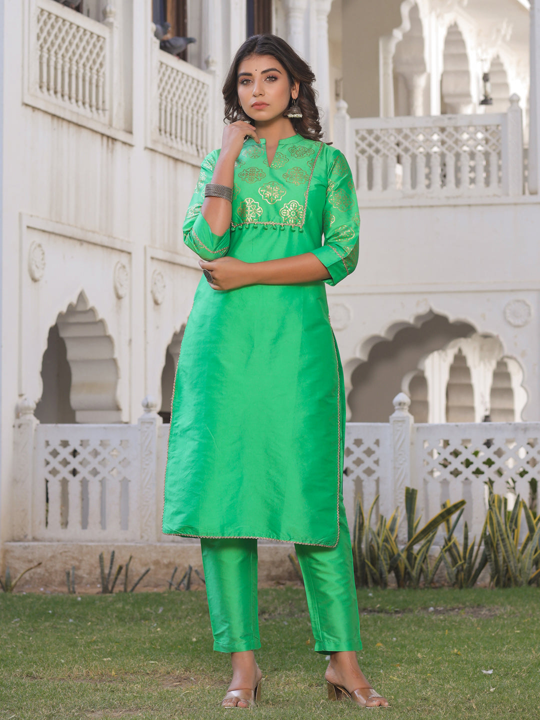 Green Gold Print Kurta With Pant