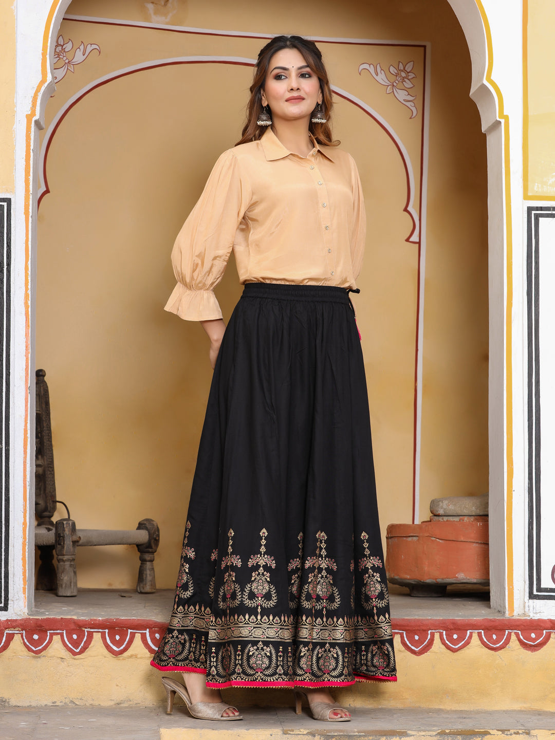 Black & Gold Printed Maxi Flared Skirt