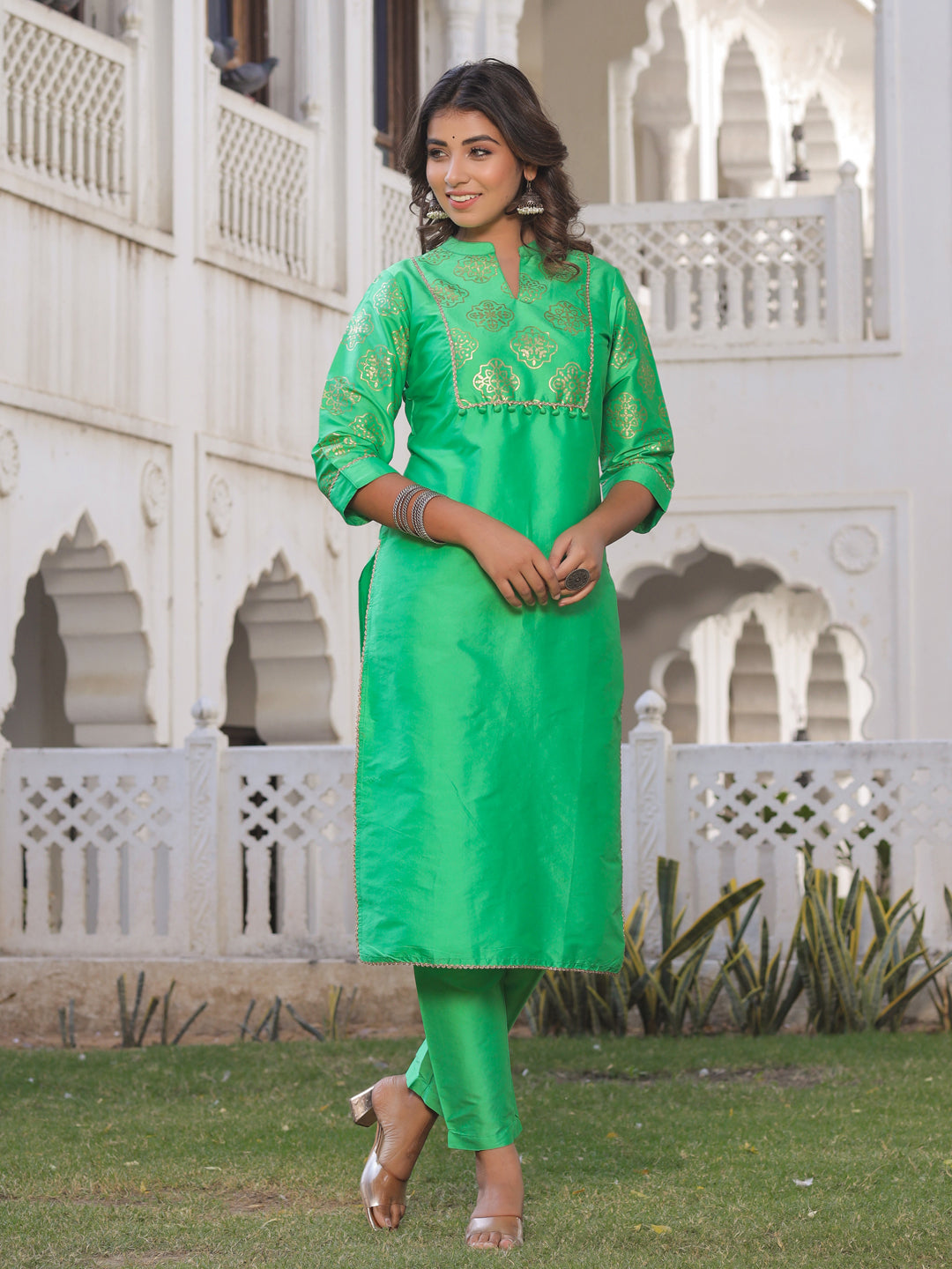 Green Gold Print Kurta With Pant