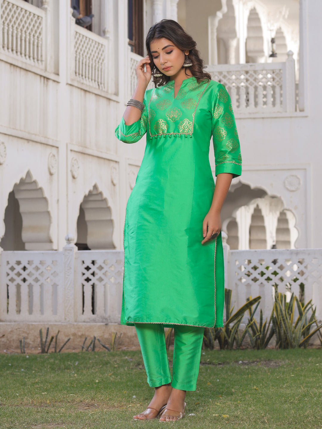Green Gold Print Kurta With Pant