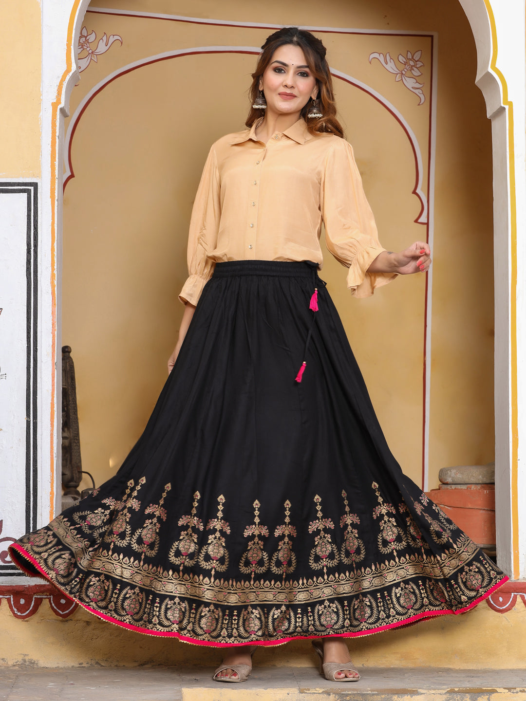 Black & Gold Printed Maxi Flared Skirt