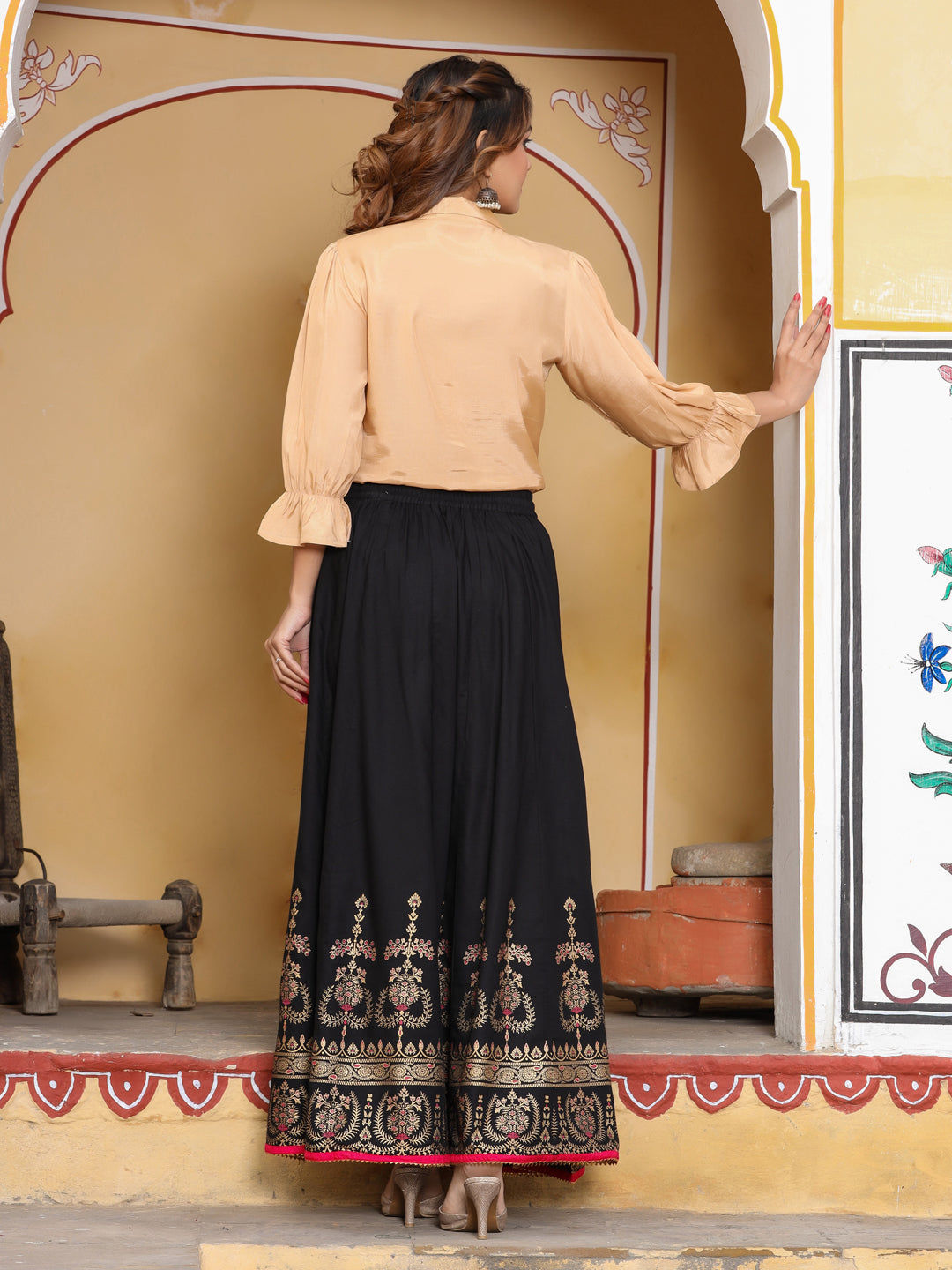 Black & Gold Printed Maxi Flared Skirt