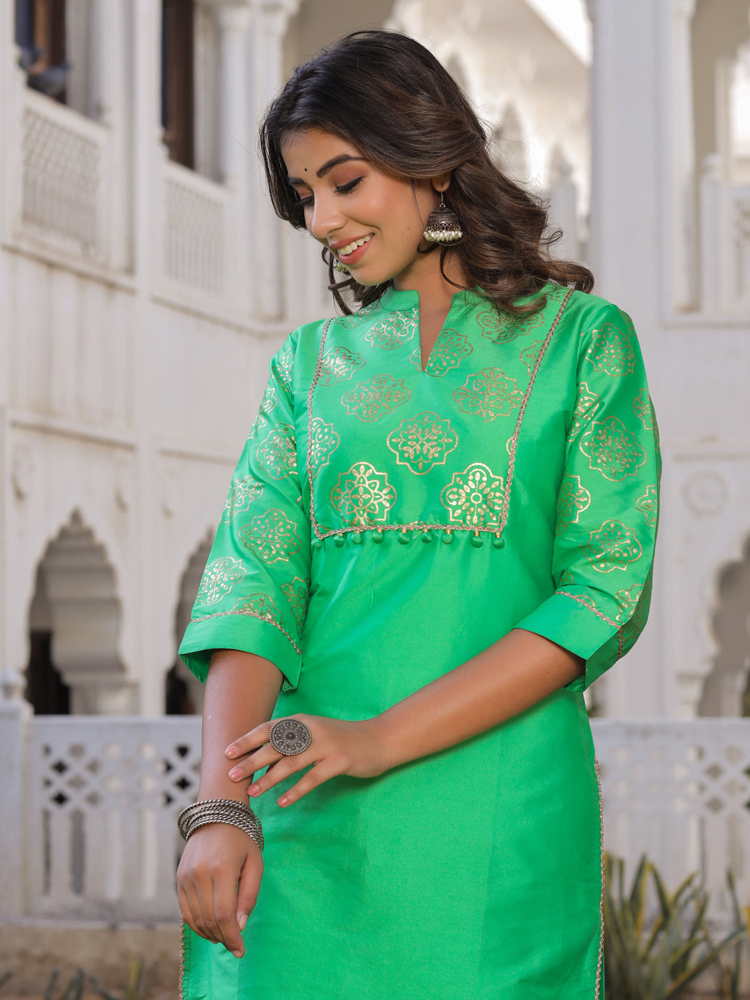 Green Gold Print Kurta With Pant