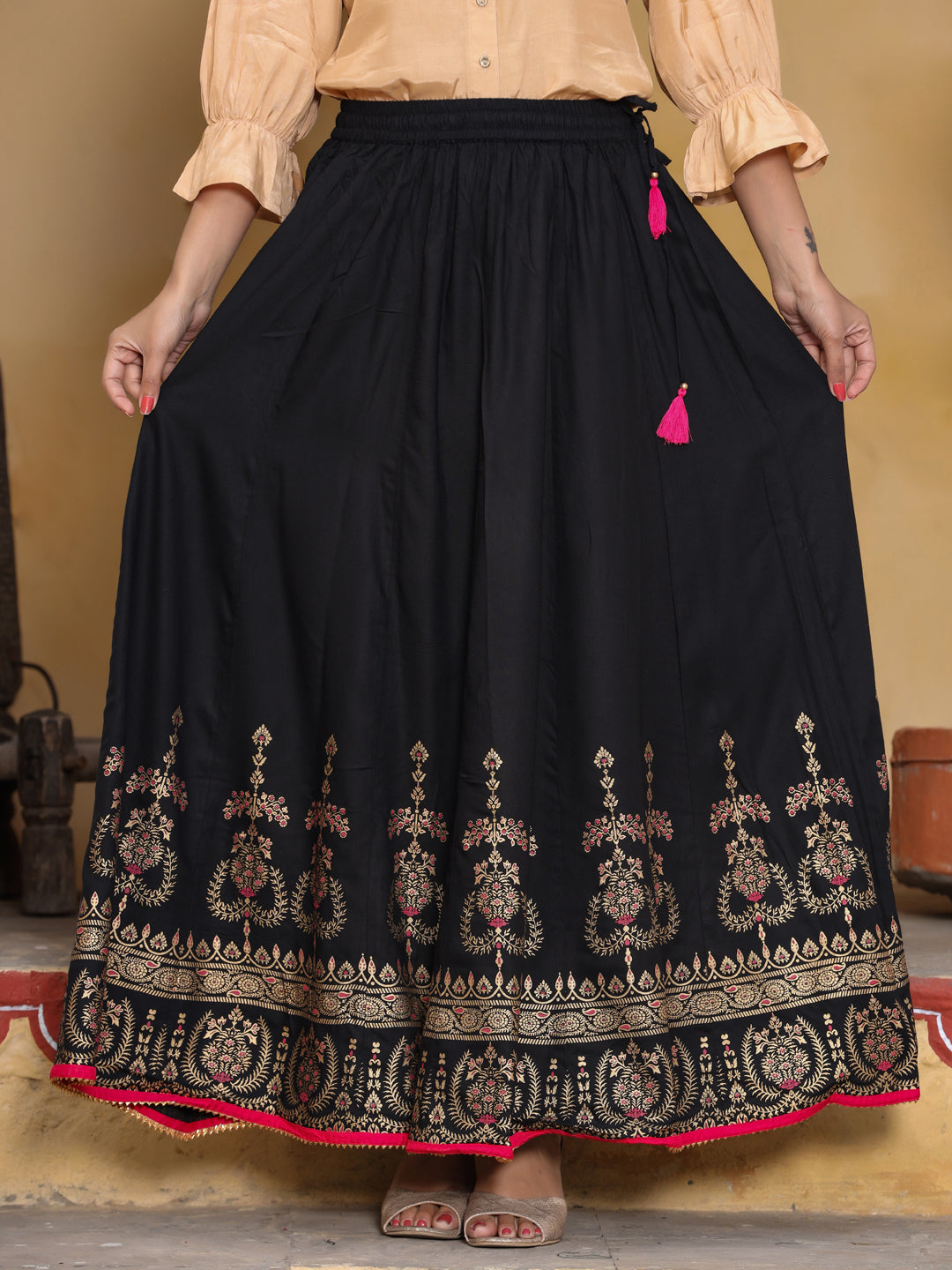 Black & Gold Printed Maxi Flared Skirt