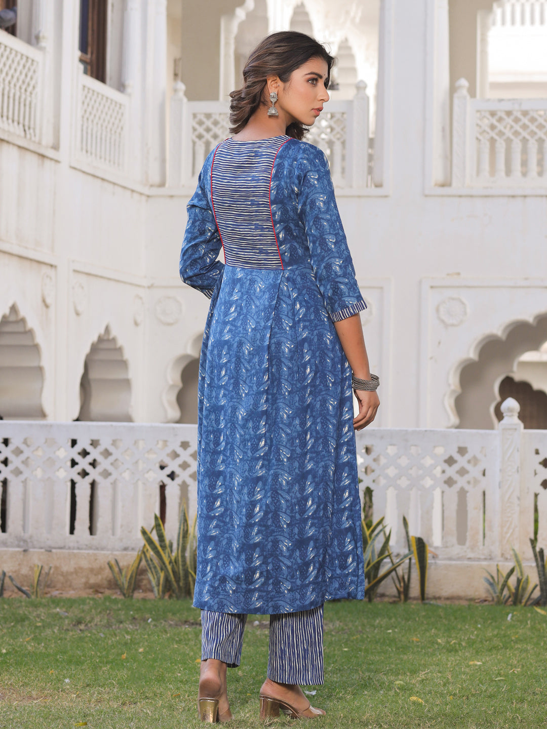 Indigo Floral Print A-Line Kurta With Blue Printed Palazzo