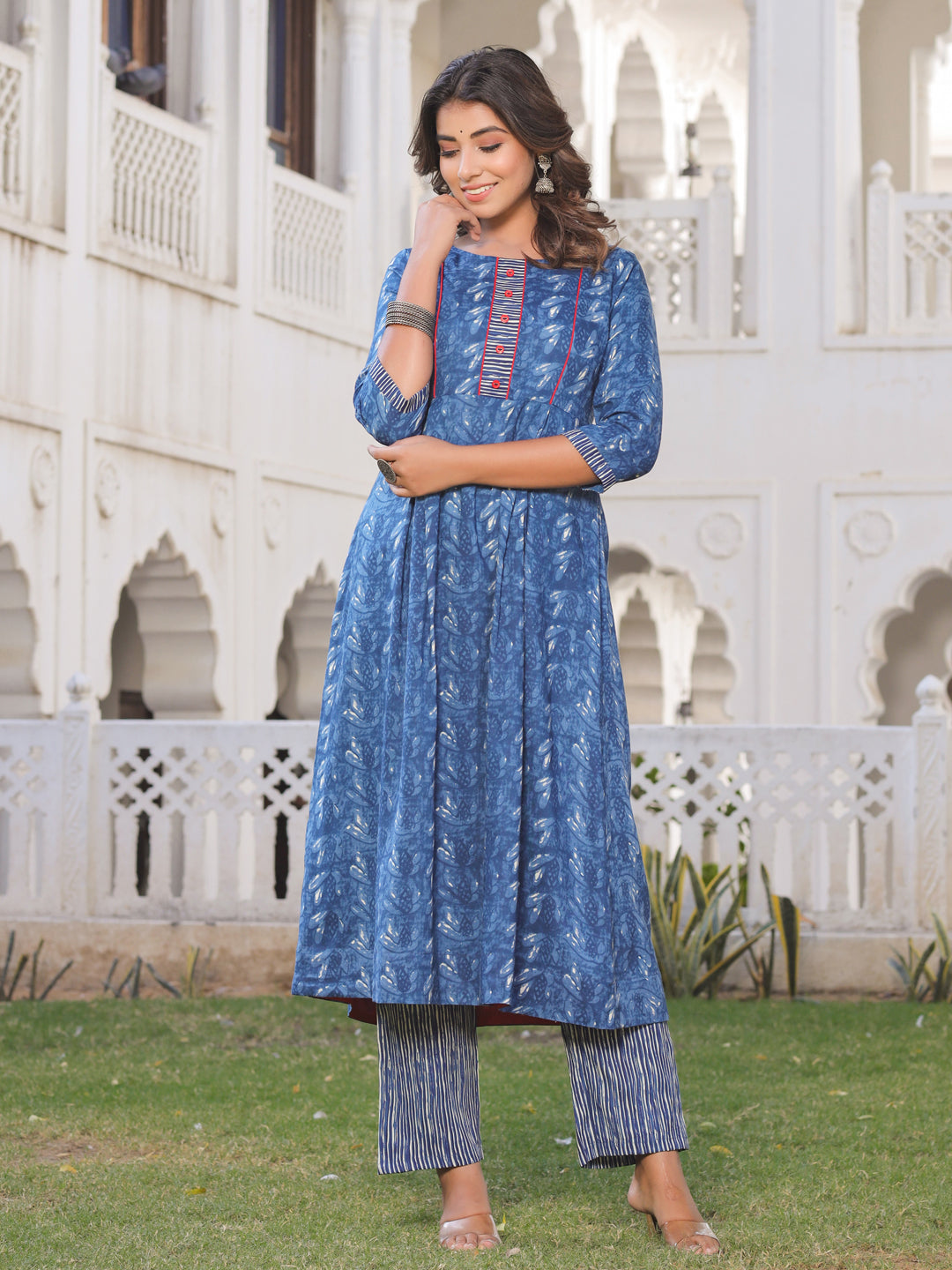 Indigo Floral Print A-Line Kurta With Blue Printed Palazzo