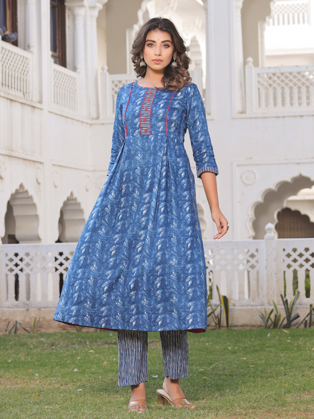 Indigo Floral Print A-Line Kurta With Blue Printed Palazzo