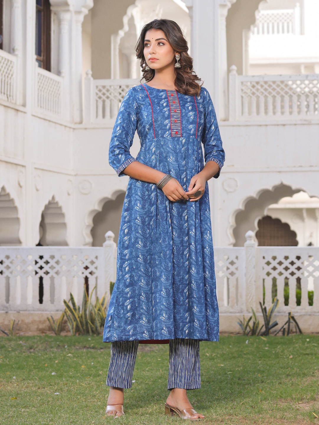 Indigo Floral Print A-Line Kurta With Blue Printed Palazzo