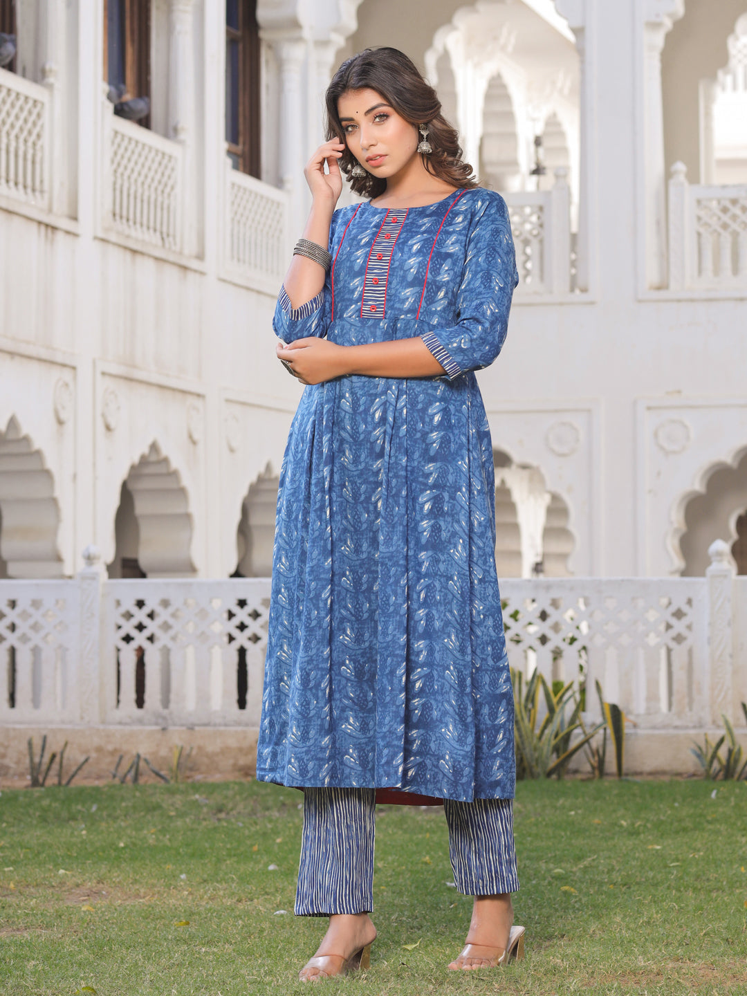 Indigo Floral Print A-Line Kurta With Blue Printed Palazzo
