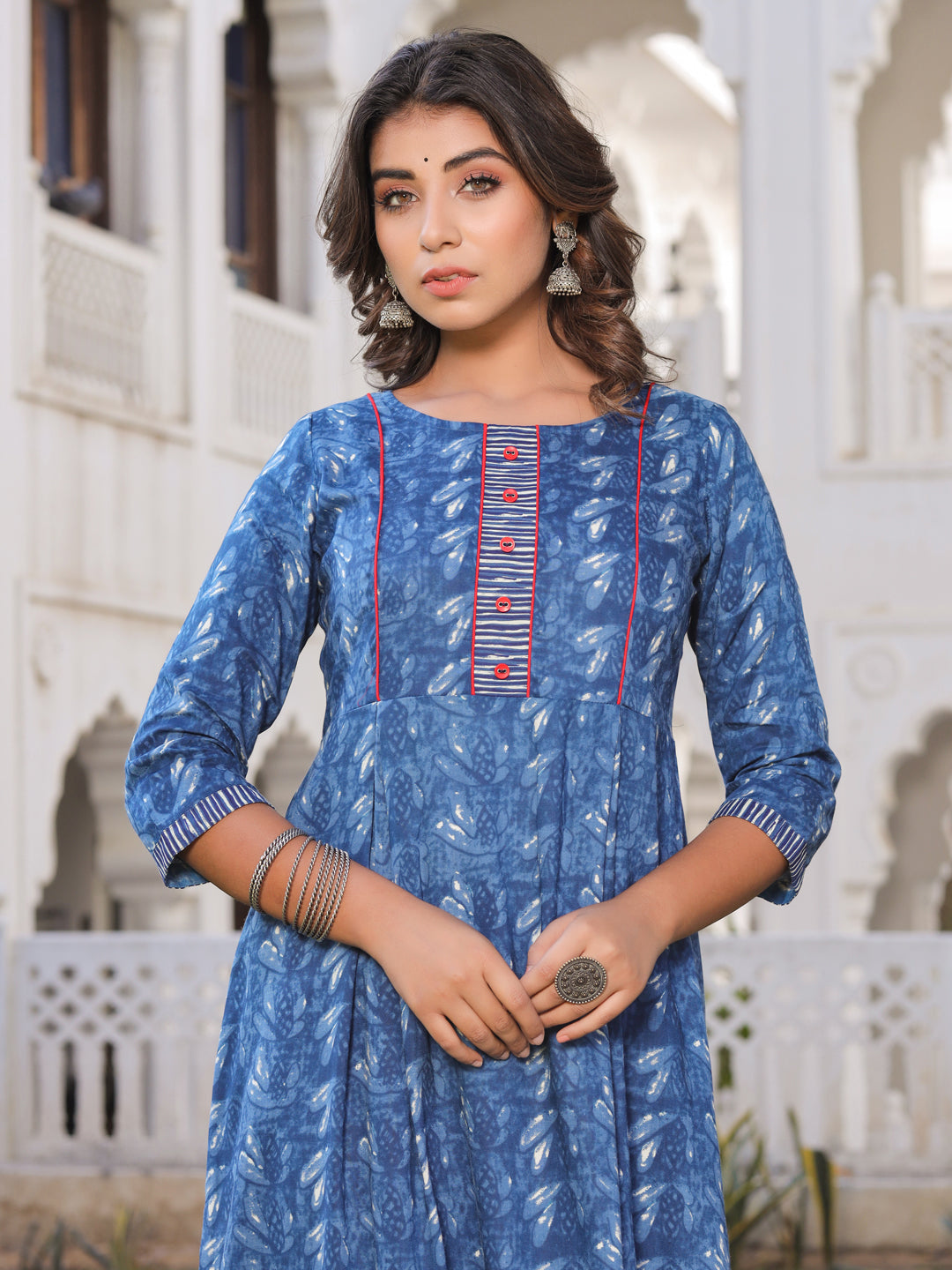 Indigo Floral Print A-Line Kurta With Blue Printed Palazzo