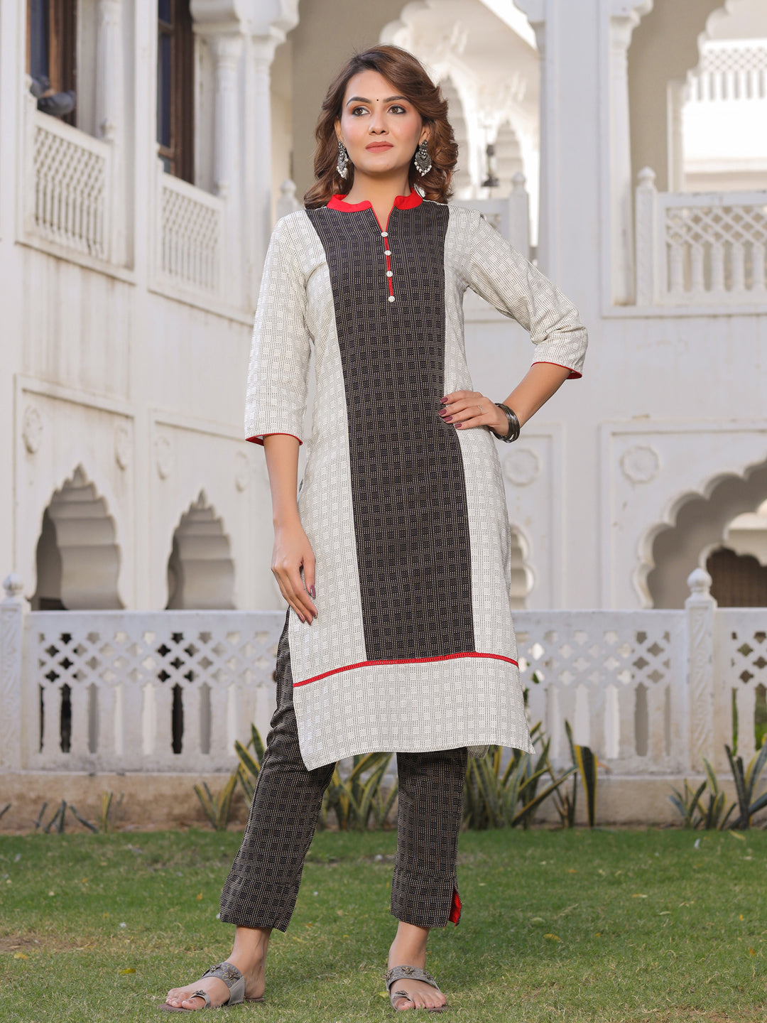 White And Black Straight Cotton Blend Kurta With Pant Set