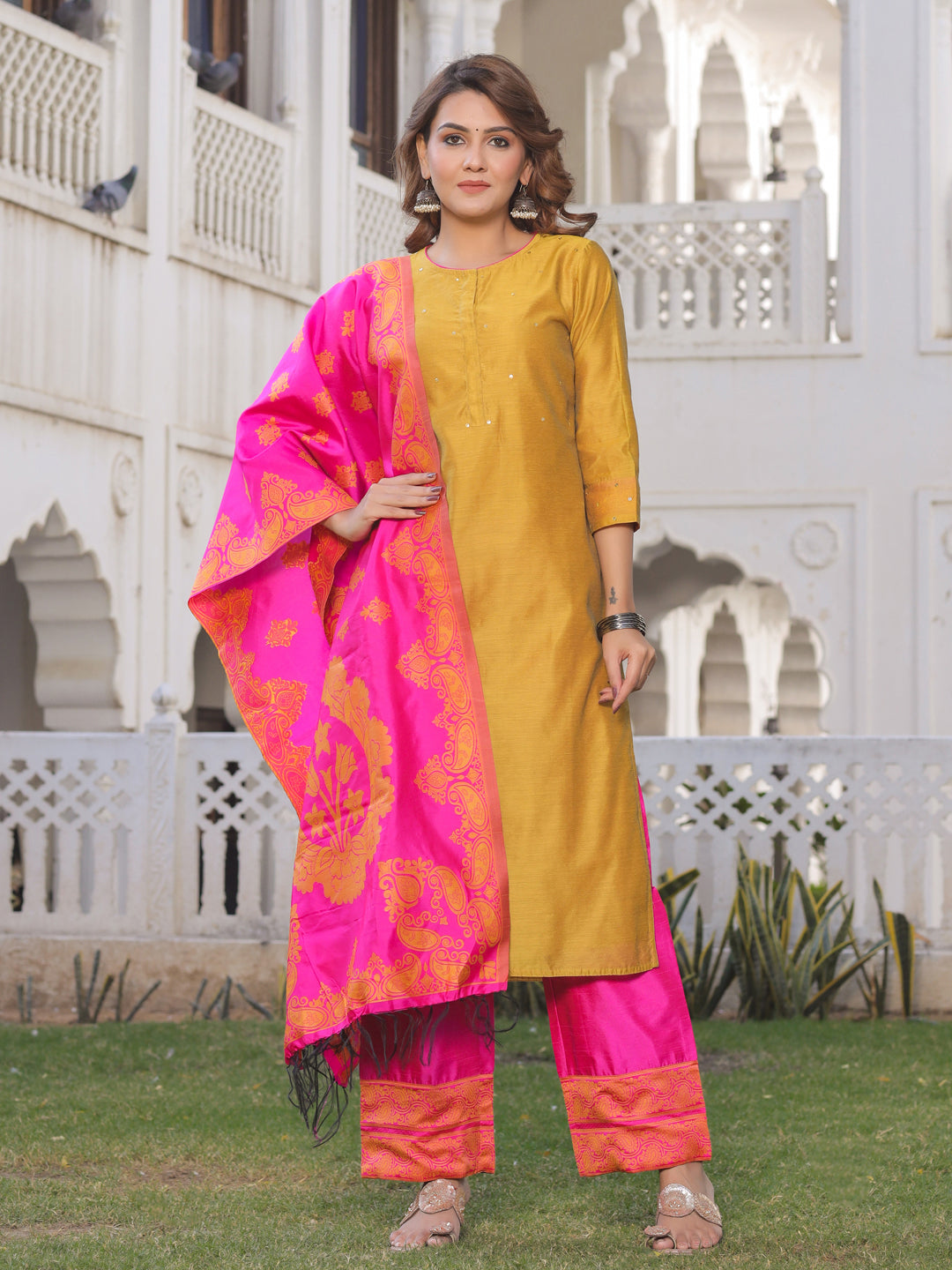 Mustard And Pink Solid Straight Chanderi Kurta With Palazzo Dupatta