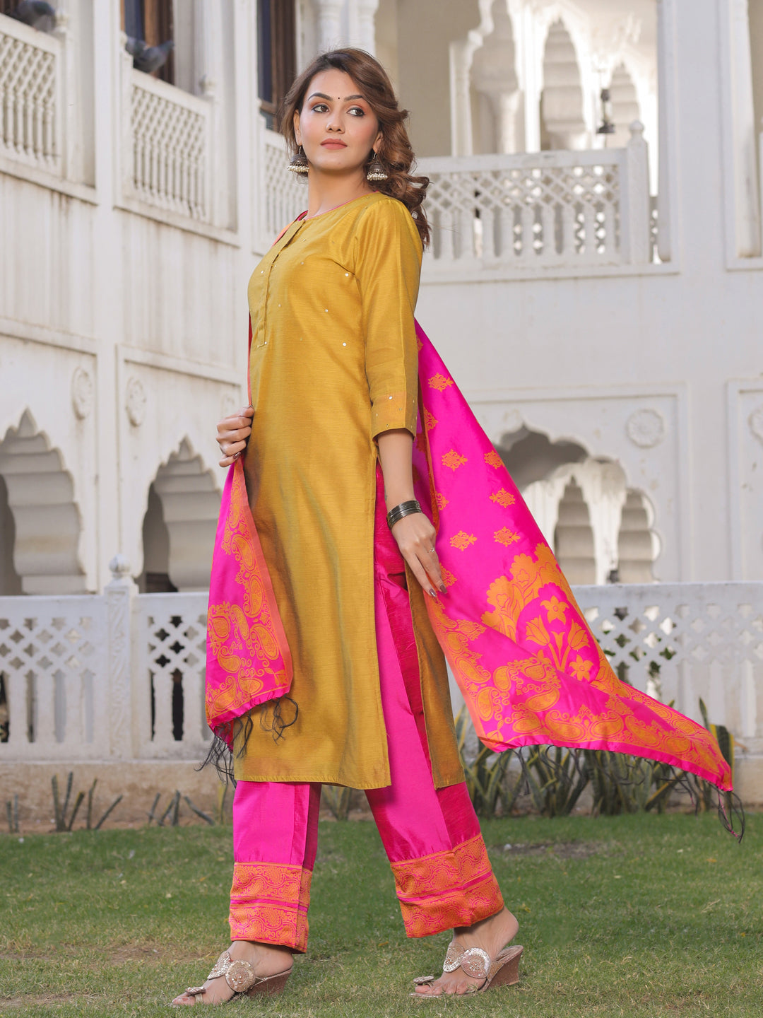 Mustard And Pink Solid Straight Chanderi Kurta With Palazzo Dupatta