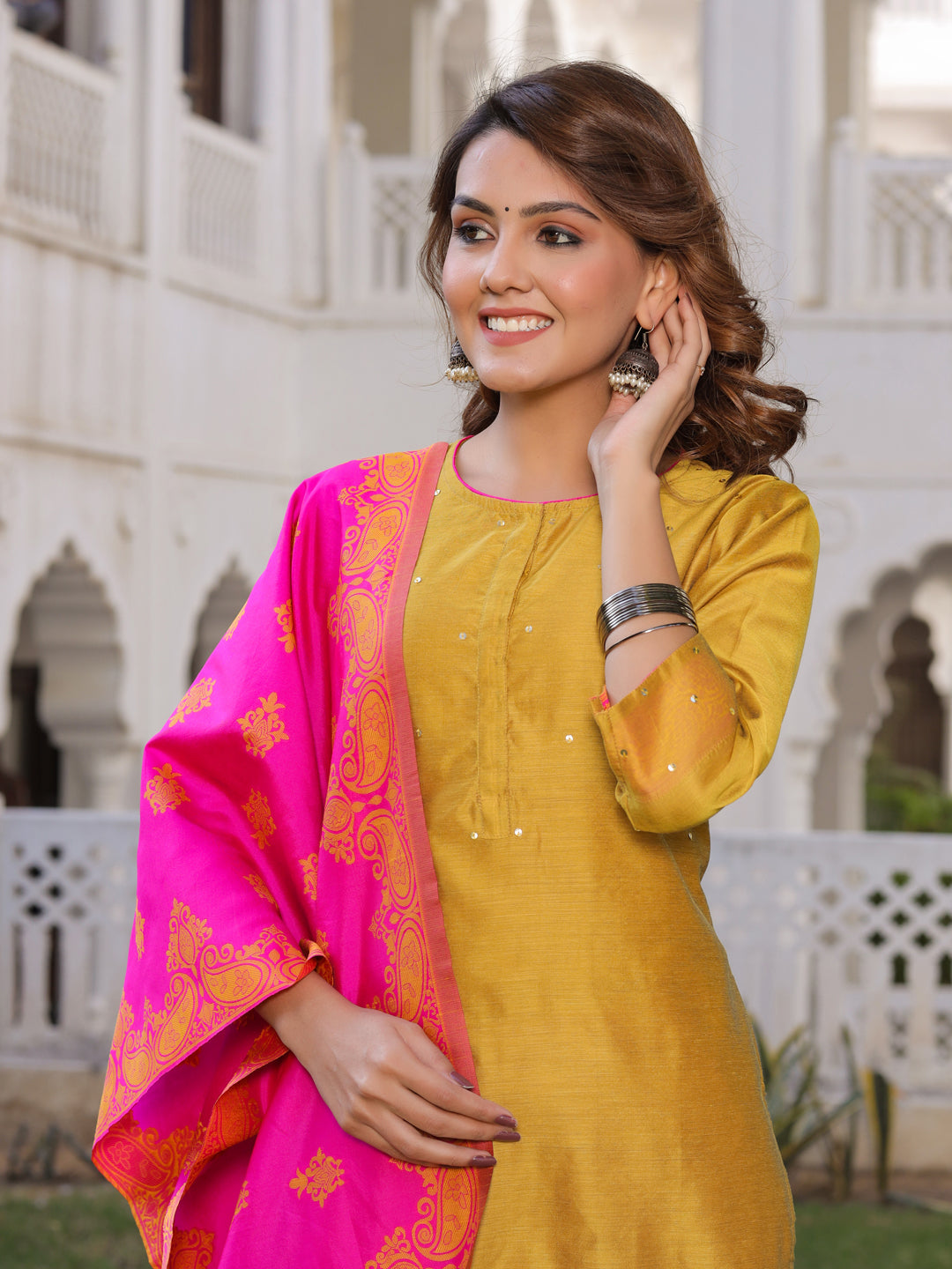 Mustard And Pink Solid Straight Chanderi Kurta With Palazzo Dupatta