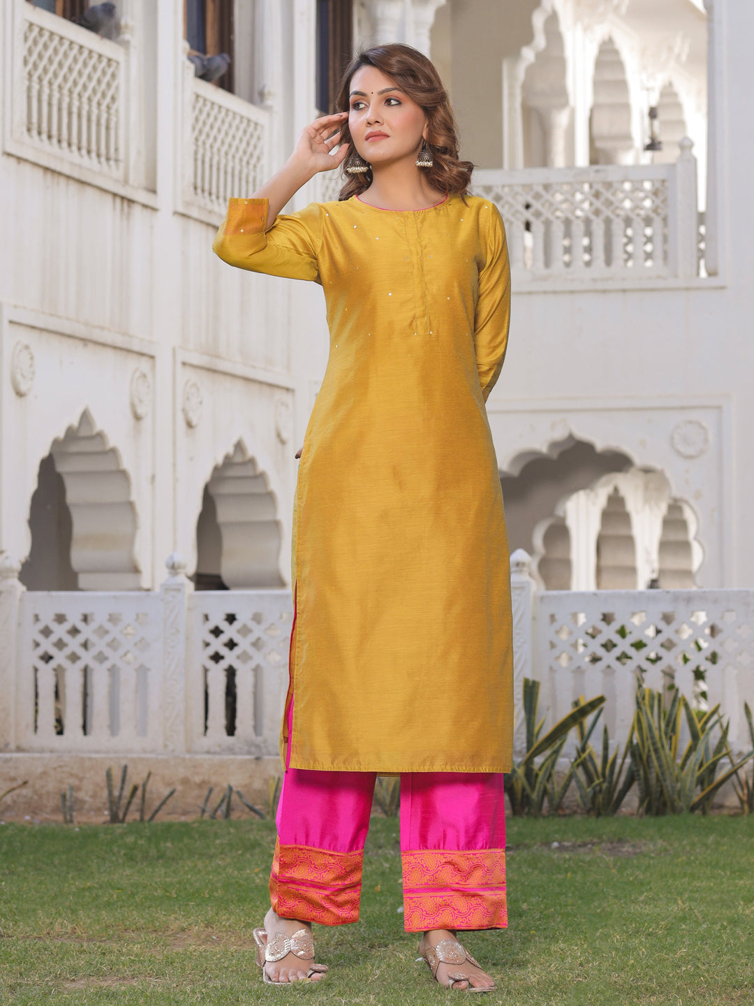 Mustard And Pink Solid Straight Chanderi Kurta With Palazzo Dupatta