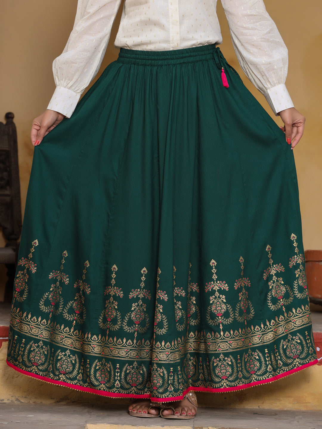 Shop Green Gold Printed Maxi Flared Skirt