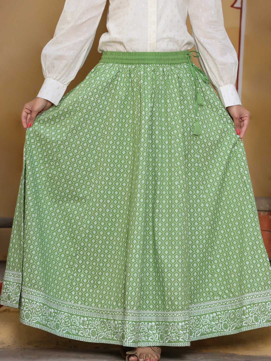 Shop Green Khadi Printed Maxi Flared Skirt