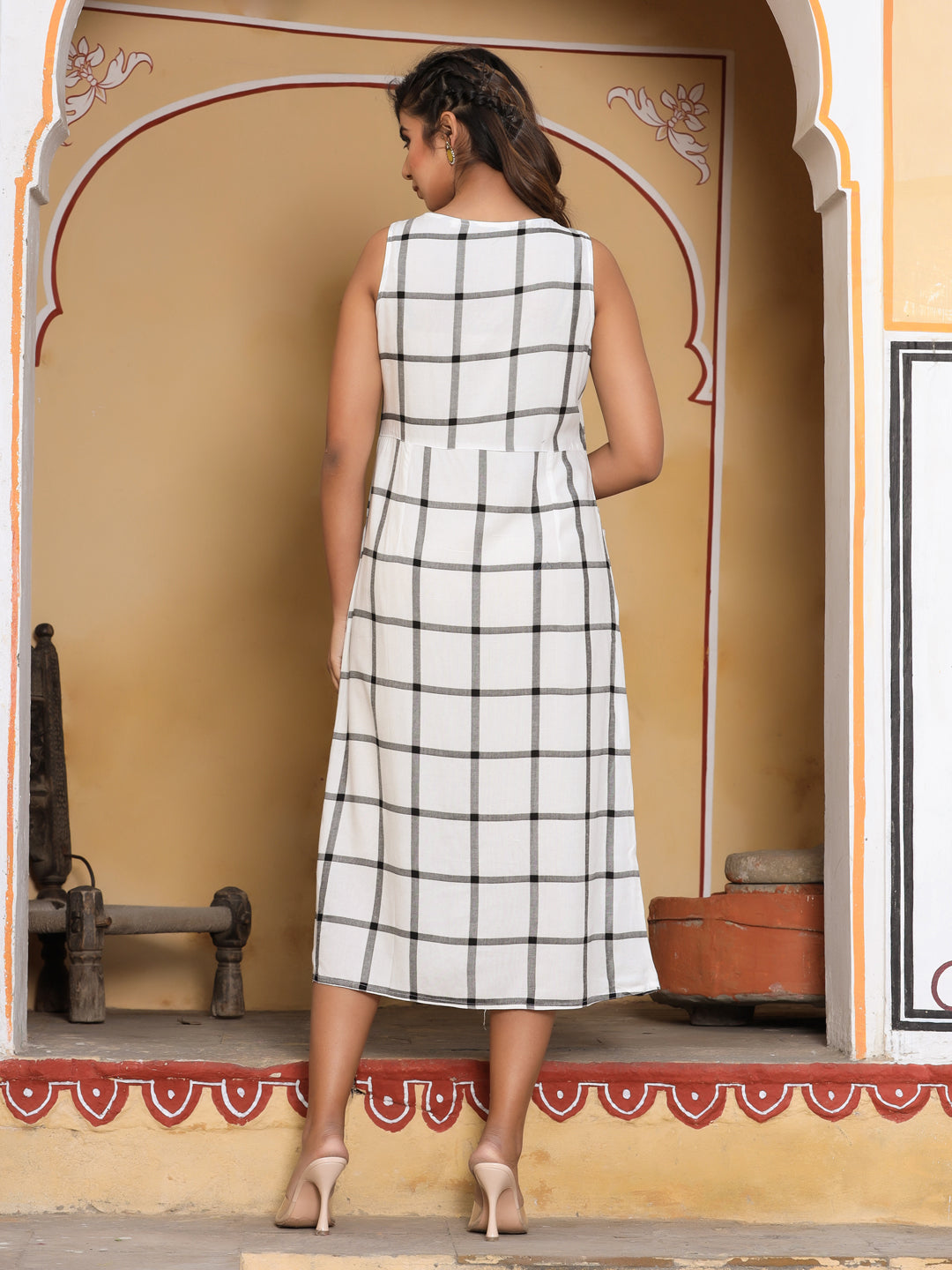 White Checked A-Line Handloom Dress