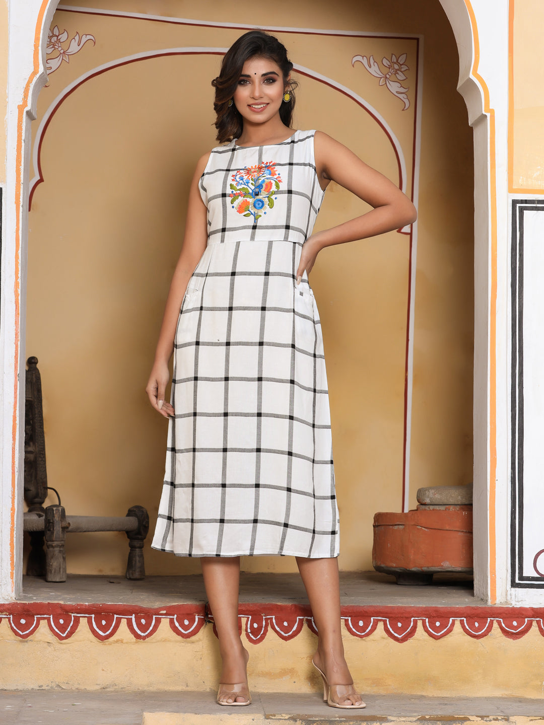 White Checked A-Line Handloom Dress