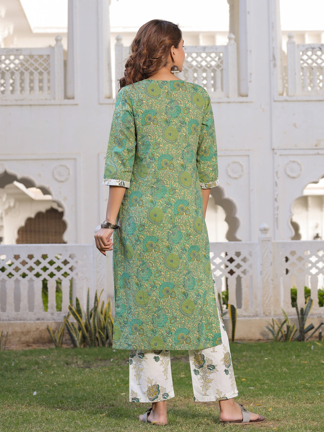 Green Floral Print Straight Cotton Kurta With Palazzos