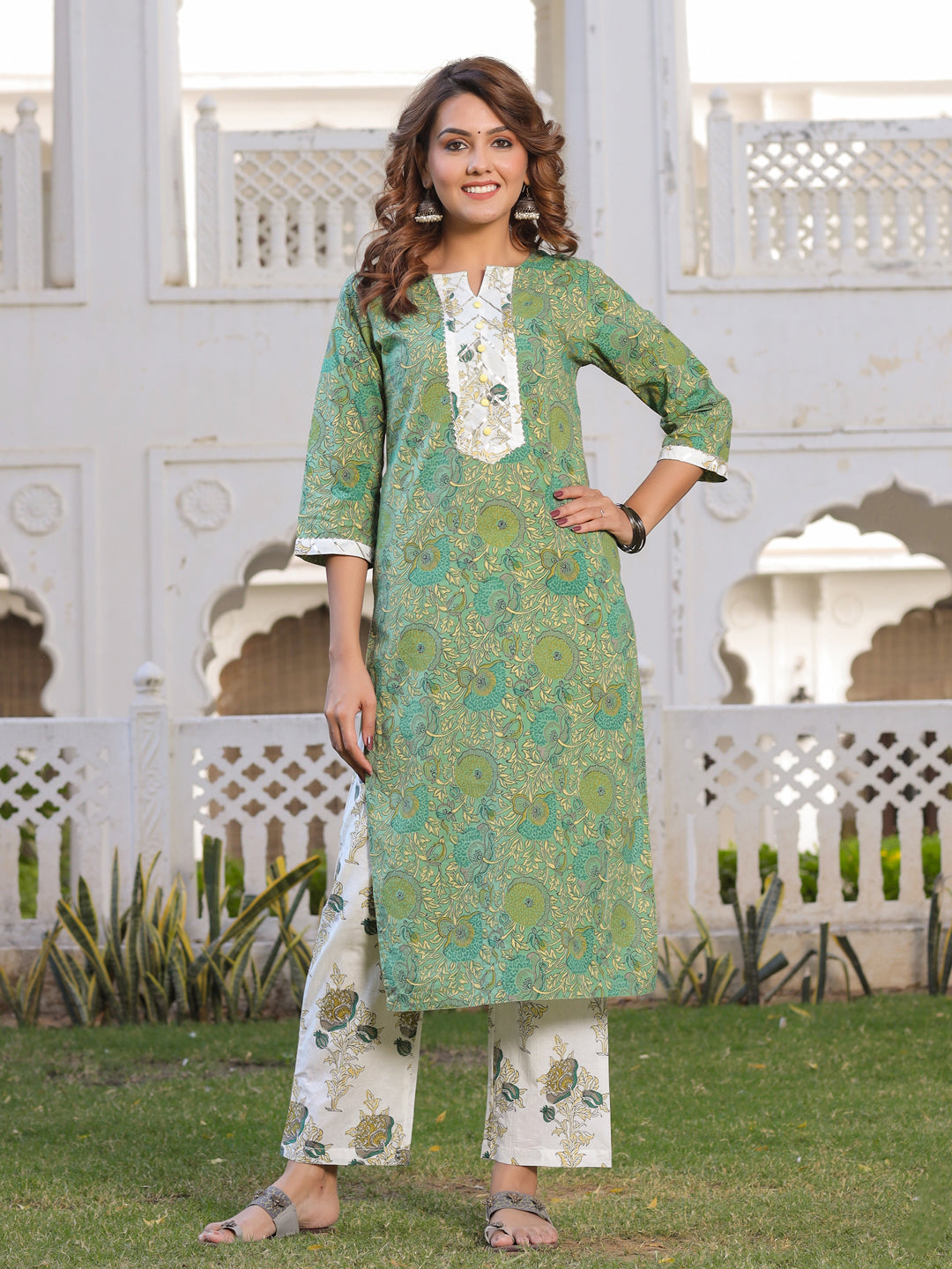 Green Floral Print Straight Cotton Kurta With Palazzos