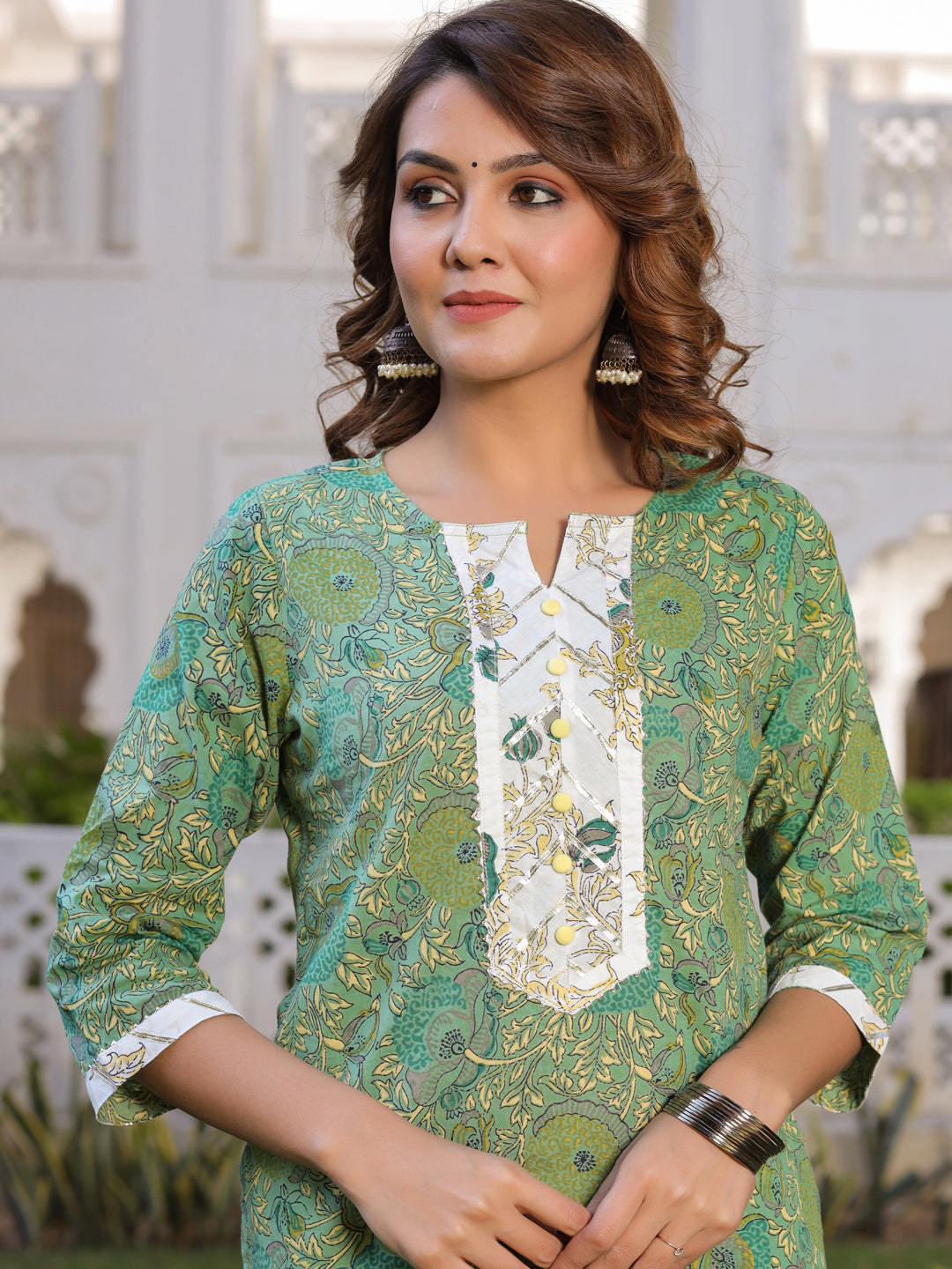 Green Floral Print Straight Cotton Kurta With Palazzos