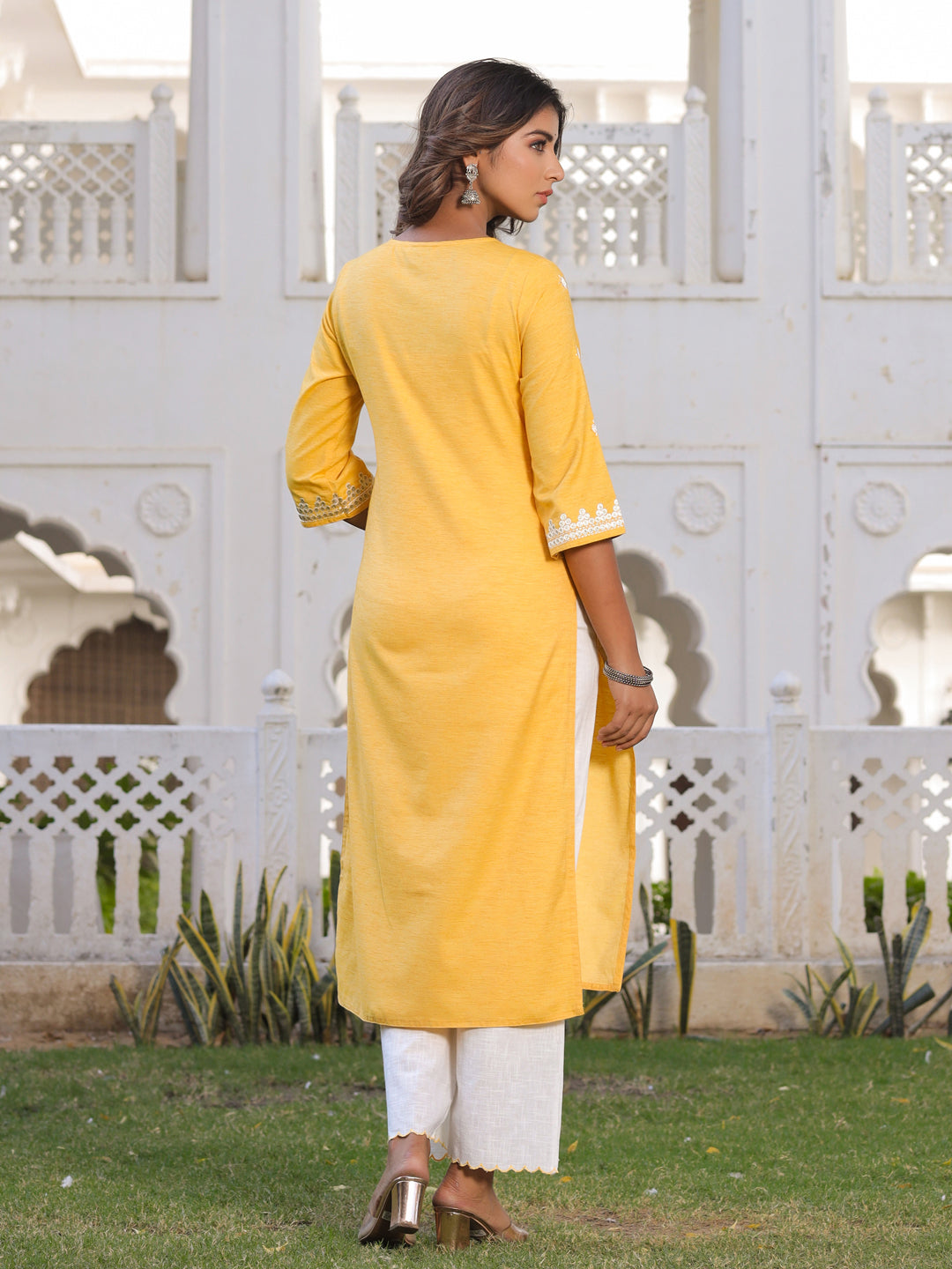Mustard Embroidered Straight Cotton Blend Kurta With Palazzo
