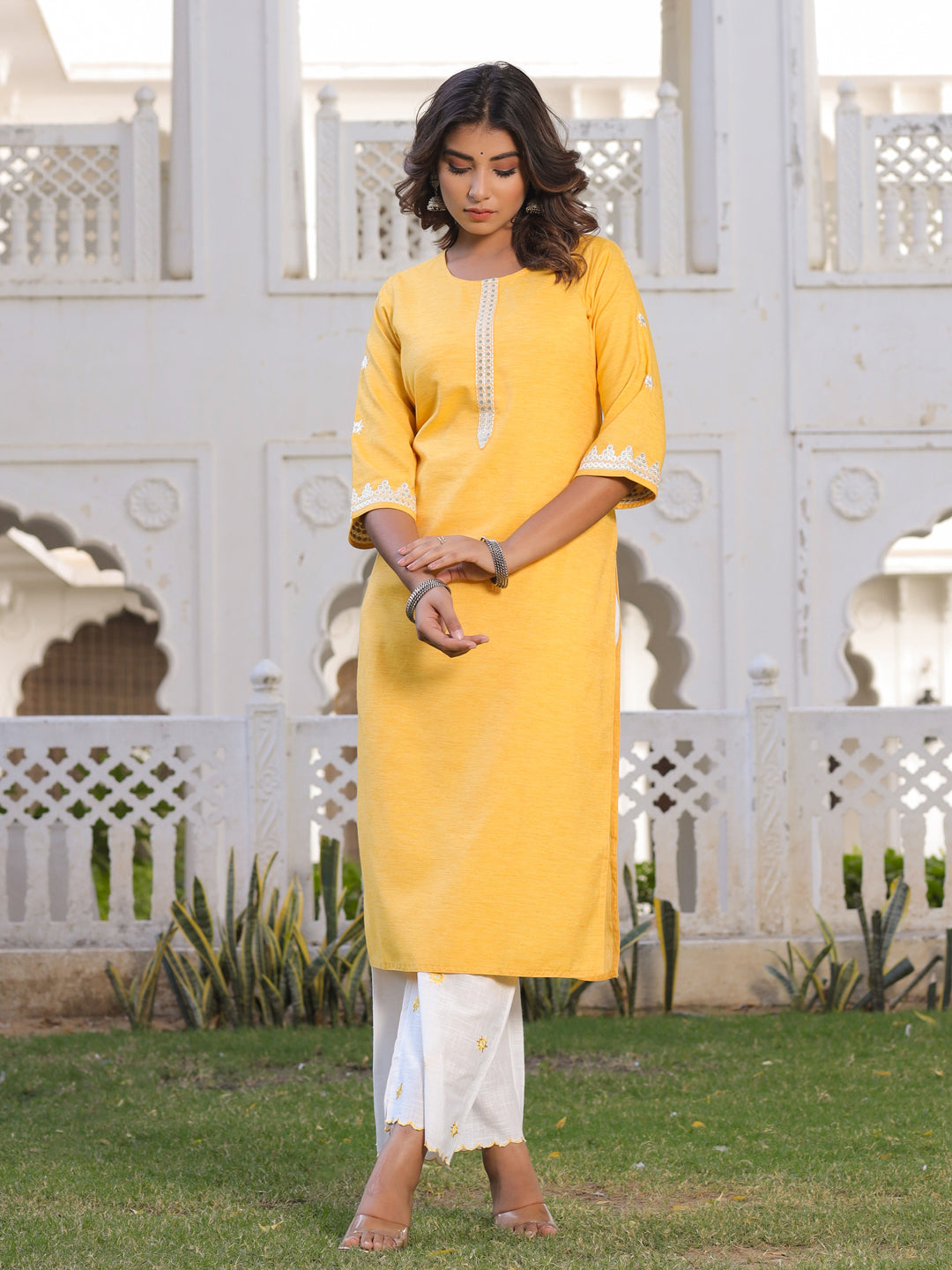 Mustard Embroidered Straight Cotton Blend Kurta With Palazzo