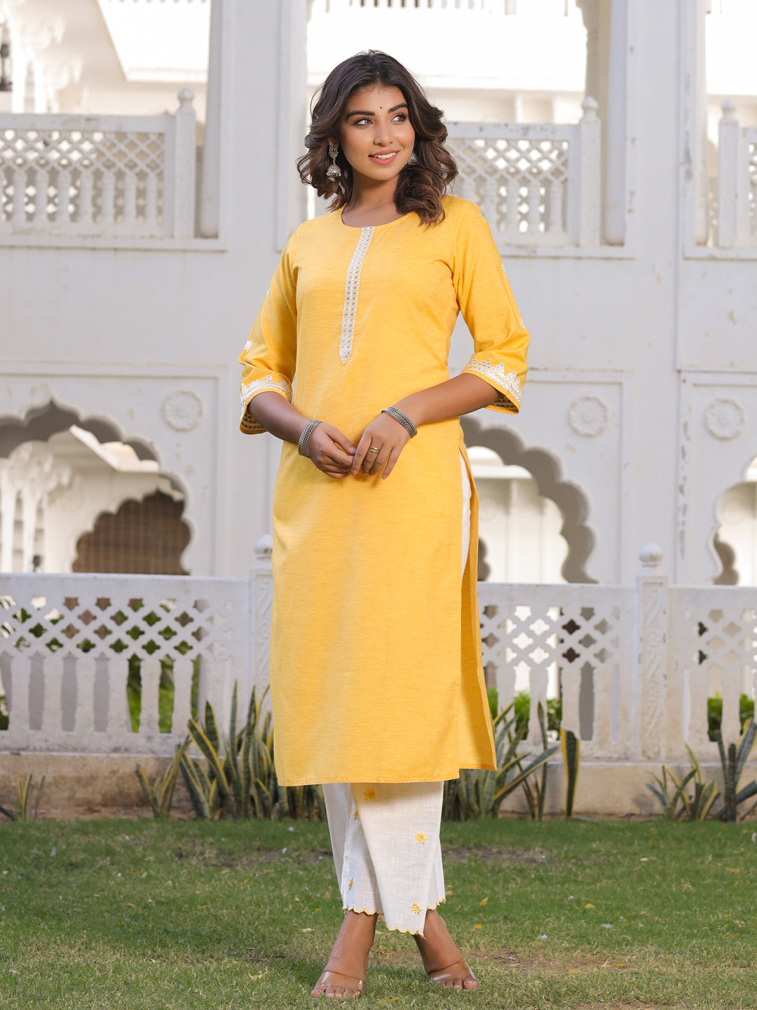 Mustard Embroidered Straight Cotton Blend Kurta With Palazzo