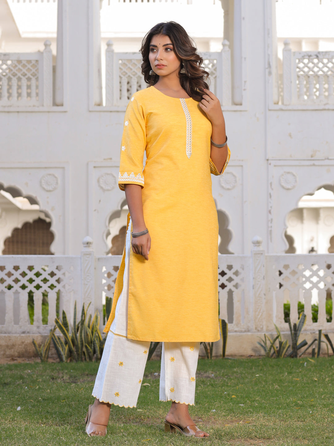 Mustard Embroidered Straight Cotton Blend Kurta With Palazzo