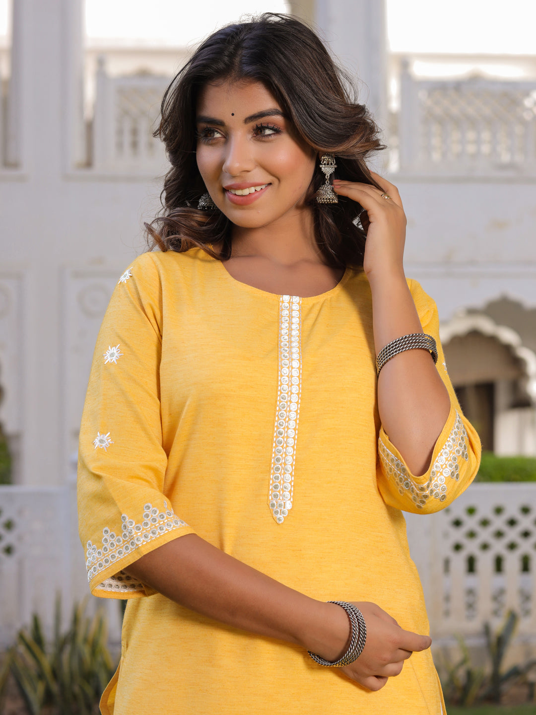Mustard Embroidered Straight Cotton Blend Kurta With Palazzo