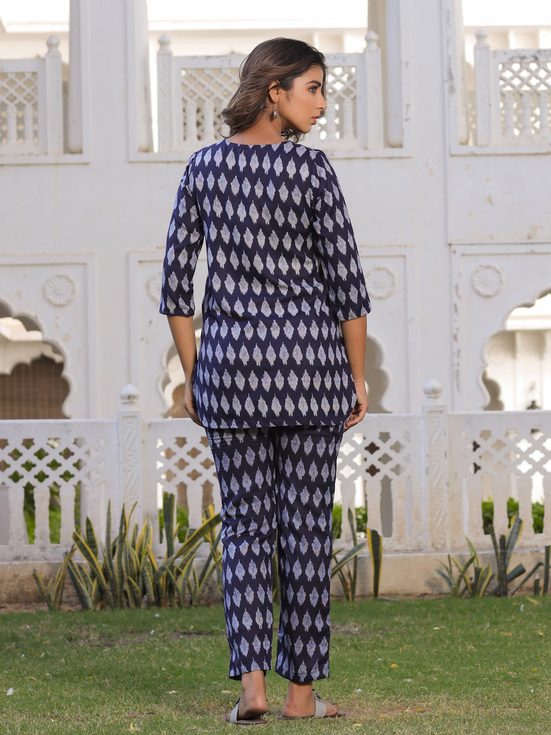 Navy Blue Ikat Print Straight Viscos Rayon Lounge Wear