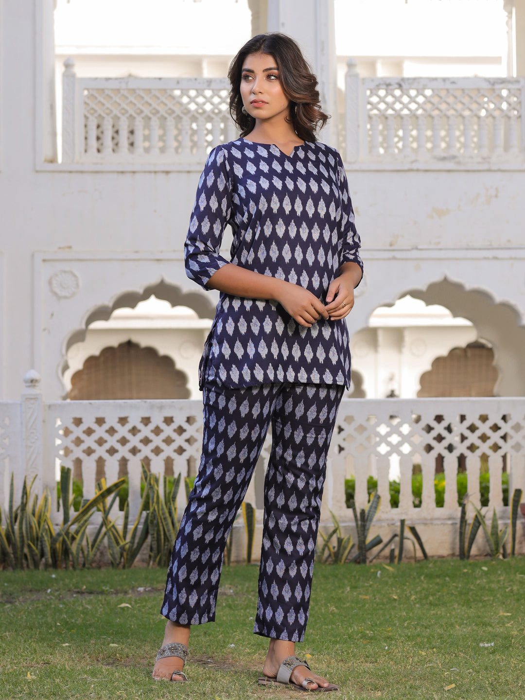 Navy Blue Ikat Print Straight Viscos Rayon Lounge Wear
