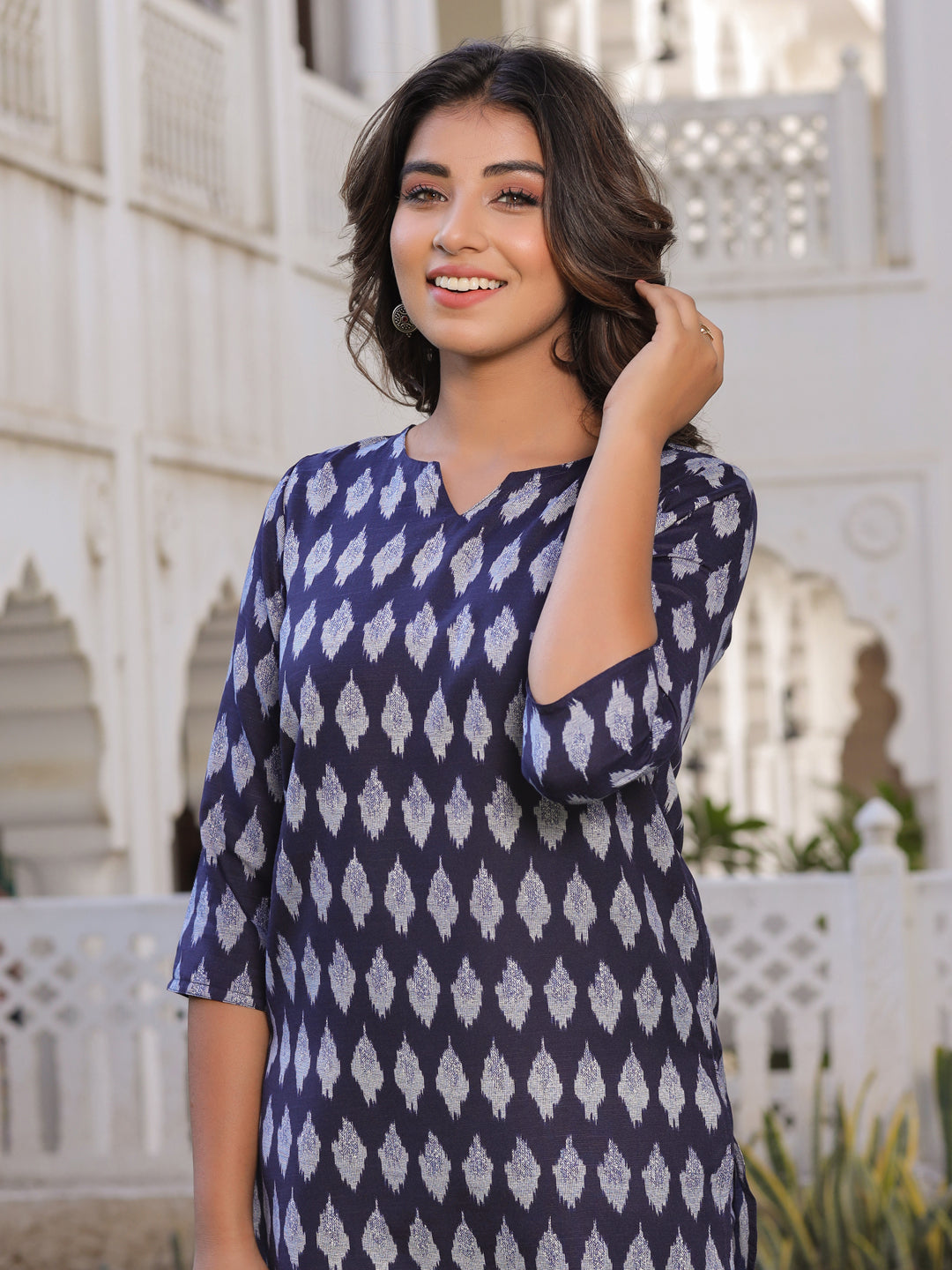 Navy Blue Ikat Print Straight Viscos Rayon Lounge Wear