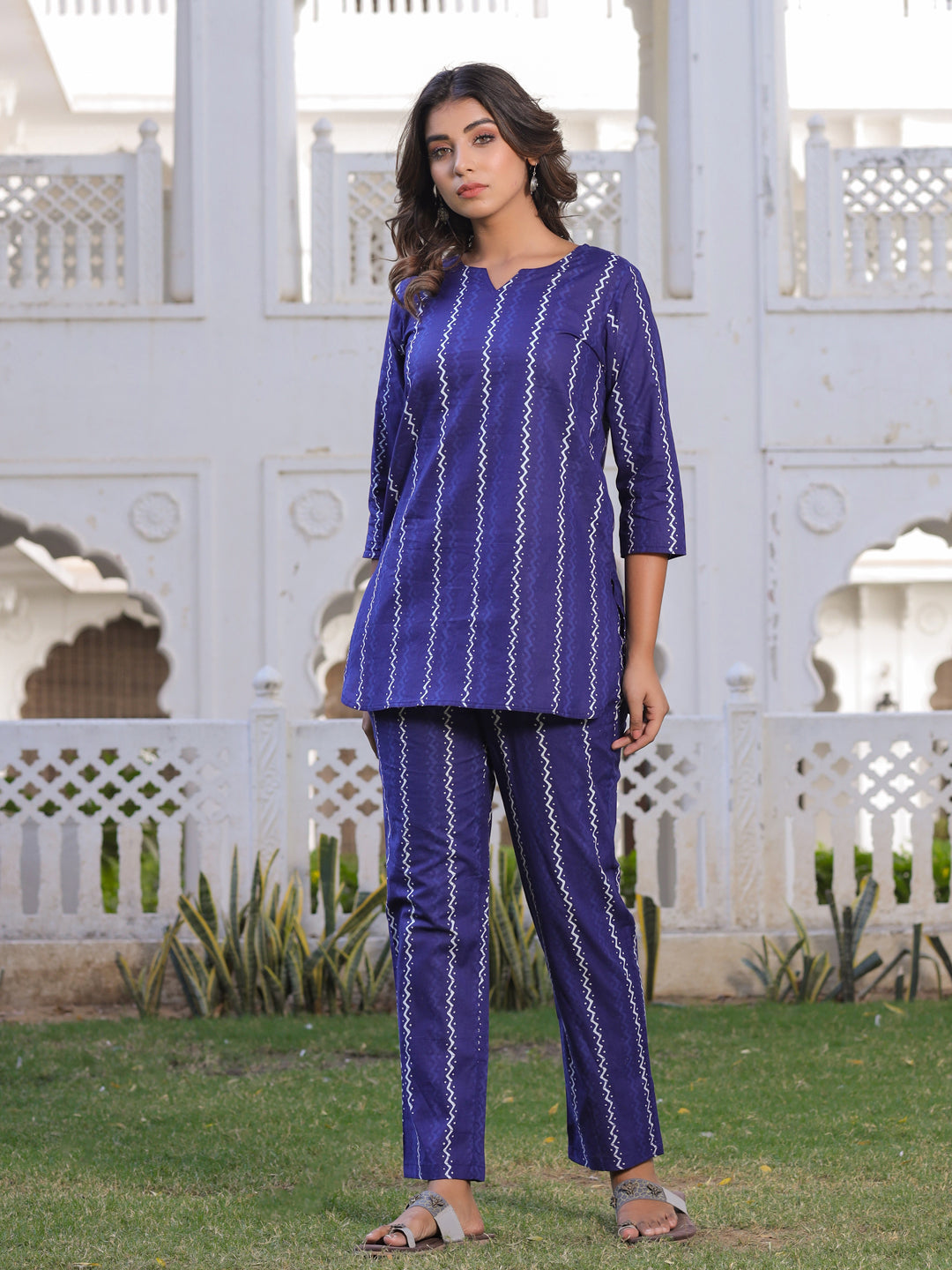 Blue Zick Zack Print Straight Cotton Lounge Wear