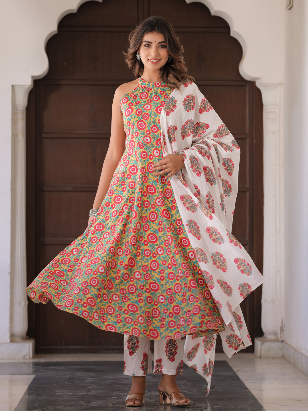 Yellow Ethnic Printed Flared Long Cotton Kurta