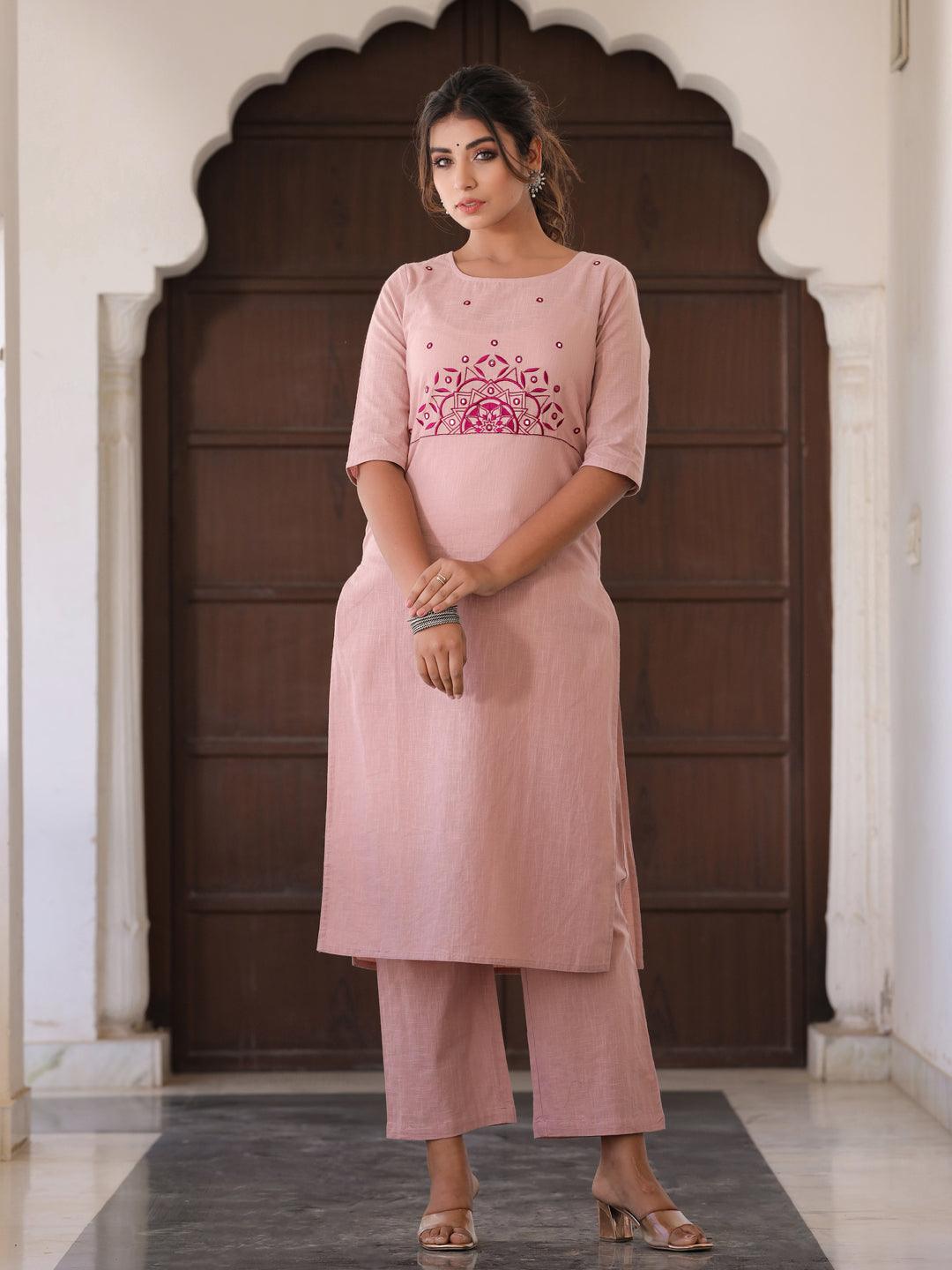 Mauve & Purple Embroidered Straight Kurta With Palazzos